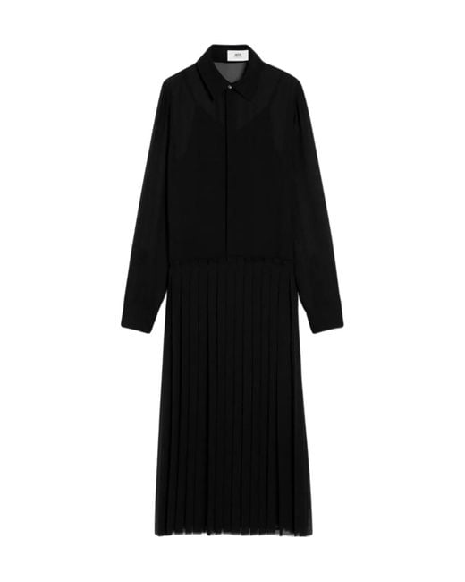 AMI Black Long-Sleeved Pleated Midi Dress