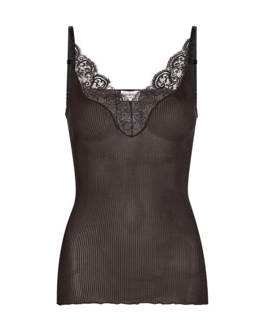 Saint Laurent Brown Lace-Trim Ribbed Silk Tank Top