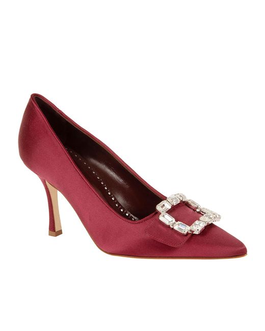 Manolo Blahnik Red Satin Embellished Buckle Pumps