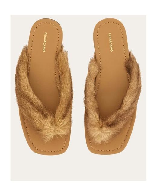 Ferragamo Brown Thong Sandal With Fur Detail