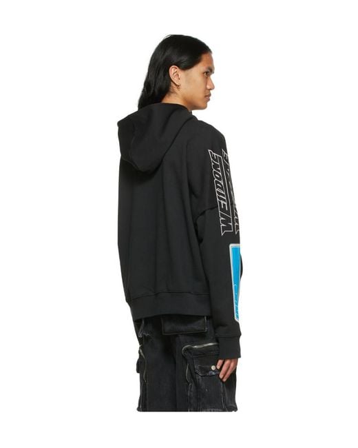 we11done Black Logo Printed Straight Hem Hoodie for men