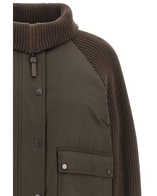 Brunello Cucinelli Brown Cropped Knit-Sleeve Down Jacket