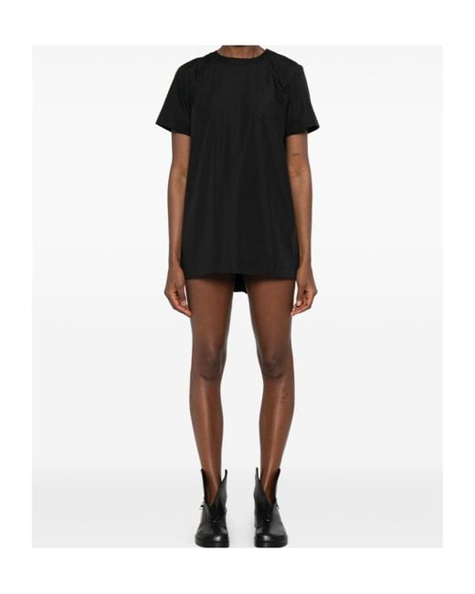Sacai Black Pleated Crewneck Mini Dress
