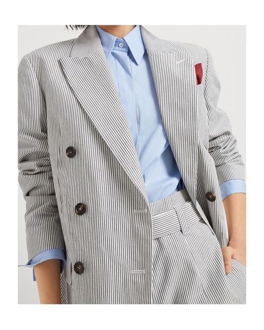 Brunello Cucinelli Gray Striped Twill Blazer