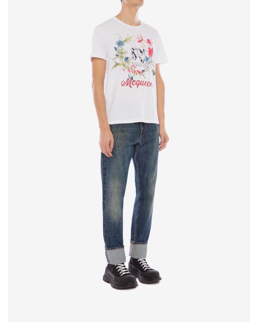 McQueen White Deconstructed Floral Skull T-Shirt for men