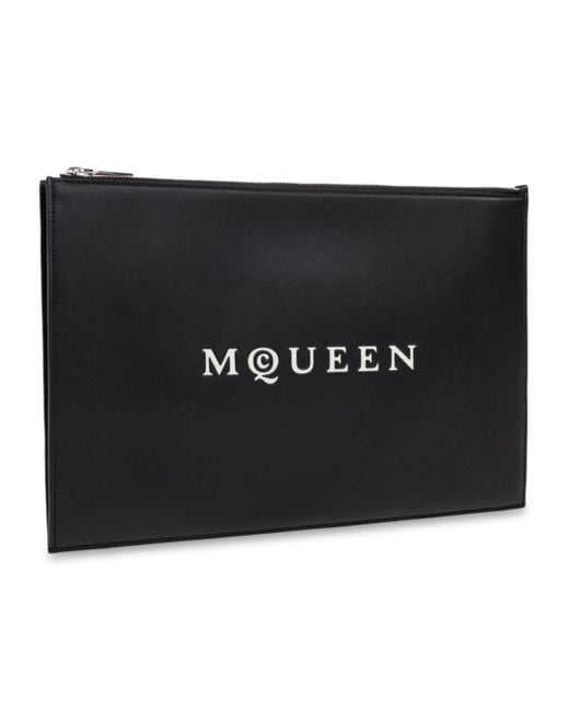 McQueen Black Logo Printed Zipped Clutch Bag for men
