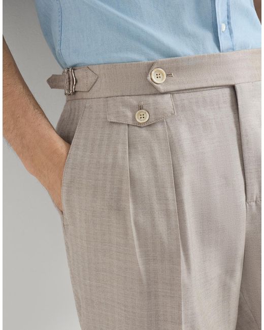 Brunello Cucinelli Gray Cashmere And Silk Chevron Trousers With Double Pleats And Waist Tabs for men