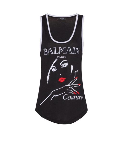 Balmain Black Flocked Relaxed Tank Top With Beauty Print