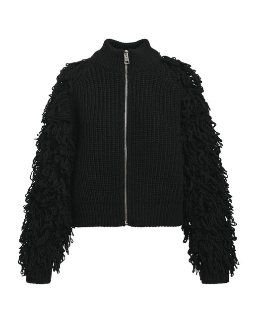 Essentiel Antwerp Black Fringe-Sleeve Wool-Blend Cardigan