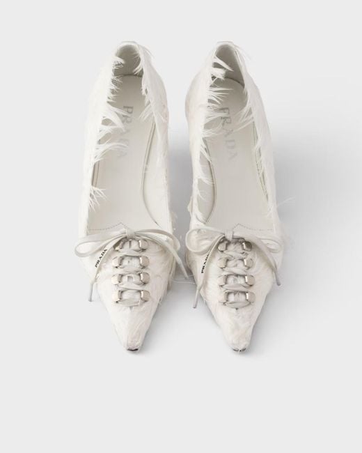 Prada White Feather-Embellished Satin Pumps