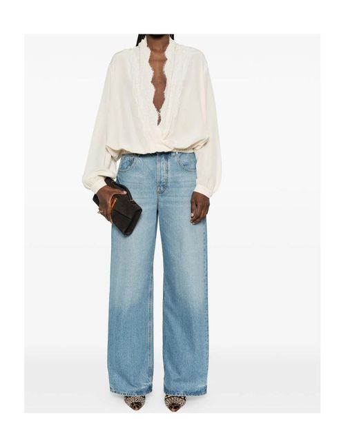 Valentino Natural Lace Neck Long-Sleeved Blouse