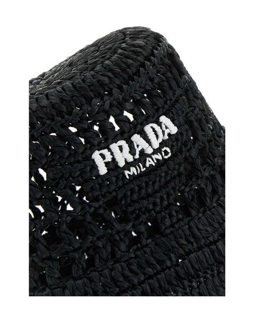 Prada Black Logo Detailed Interwoven Bucket Hat