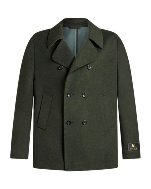 Etro Green Wool And Cashmere Peacoat for men