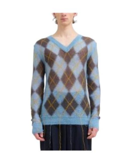 Marni Blue Geometric Patterned V-Neck Knitted Jumper for men