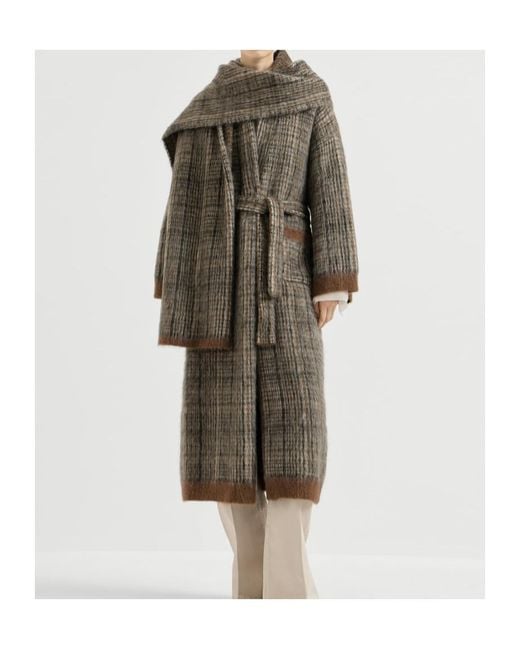 Brunello Cucinelli Gray Mohair And Wool Prince-Of-Wales Double-Knit Coat With Scarf