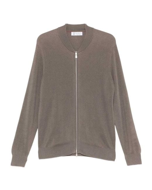 Brunello Cucinelli Gray Ribbed Zip-Fastening Cardigan for men