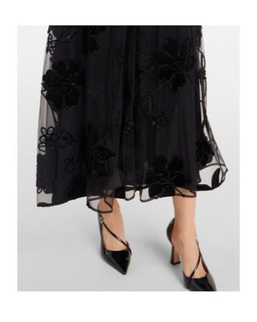 Elie Saab Black Embroidered Tulle And Velvet Midi Dress