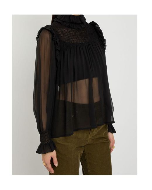 Saint Laurent Black Ruffled Sheer Silk Blouse