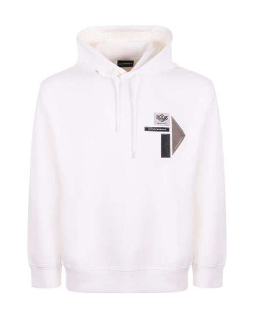 Emporio Armani White Logo Patch Drawstring Hoodie for men