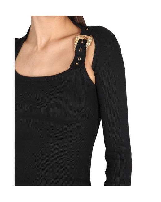 Versace Jeans Black Baroque Buckle Ribbed Cut-Out Top