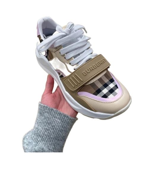 Burberry Gray Color-Blocked Plaid Sneakers