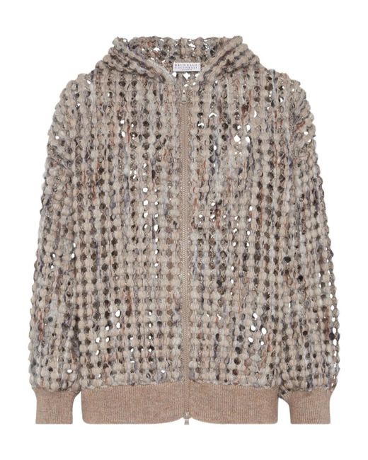 Brunello Cucinelli Brown Sequin Embellished Zip-Up Cardigan