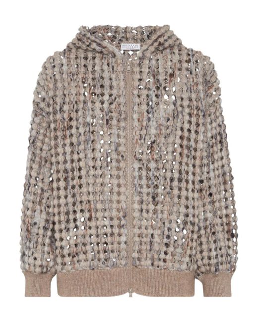 Brunello Cucinelli Brown Balloon Sequin-Embellished Zip-Up Cardigan