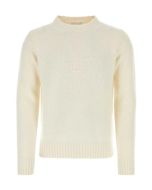 Prada White Logo Inlat Crewneck Jumper for men