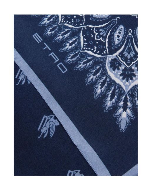 Etro Blue Silk Scarf With Paisley Motif And Pegaso for men