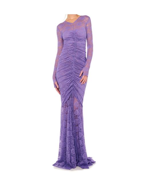 Norma Kamali Purple V Neck Shirred Front Fishtail Gown