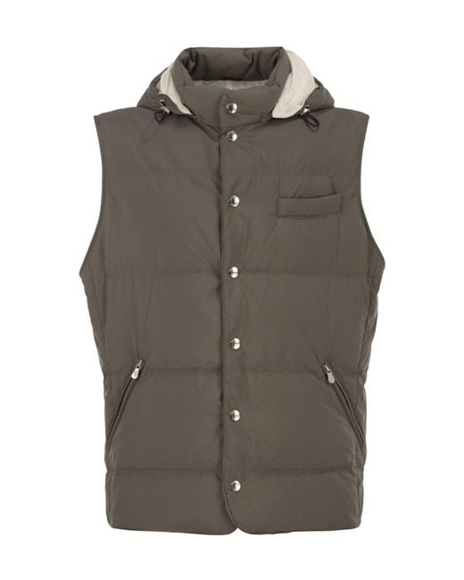 Brunello Cucinelli Gray Padded Hooded Gilet for men