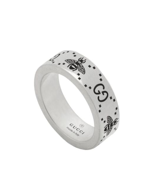 Gucci White Gg And Bee Engraved Wide Ring