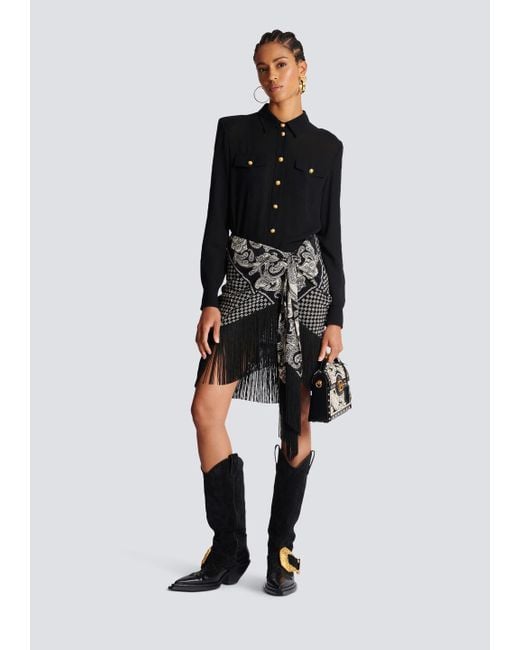 Balmain Black Fringed Silk Scarf Skirt