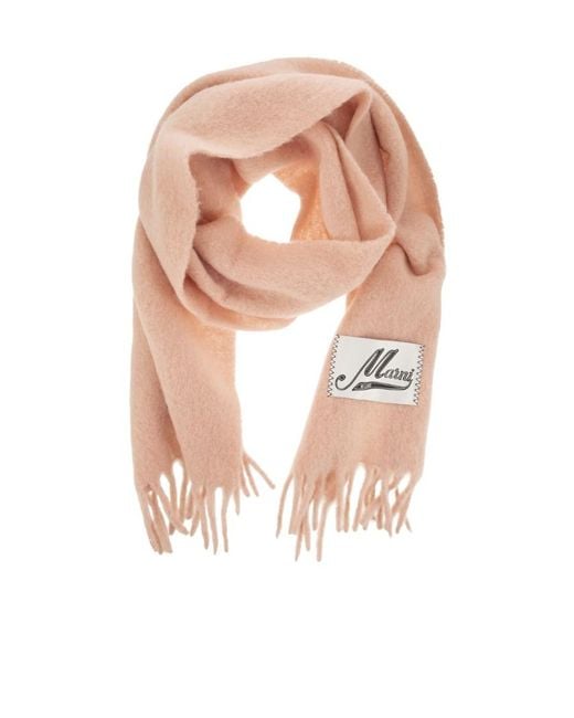 Marni Pink Logo Patch Fringed-Edge Scarf