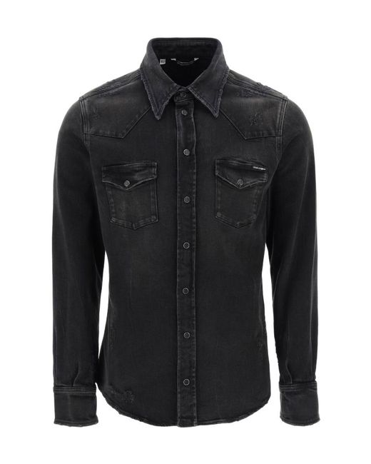Dolce & Gabbana Black Distressed Denim Buttoned Shirt for men