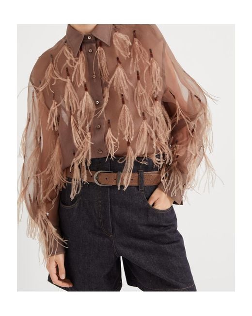 Brunello Cucinelli Blue Feather-Detailing Shirt