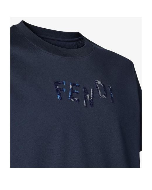 Fendi Blue Logo Embroidered Crewneck T-Shirt for men