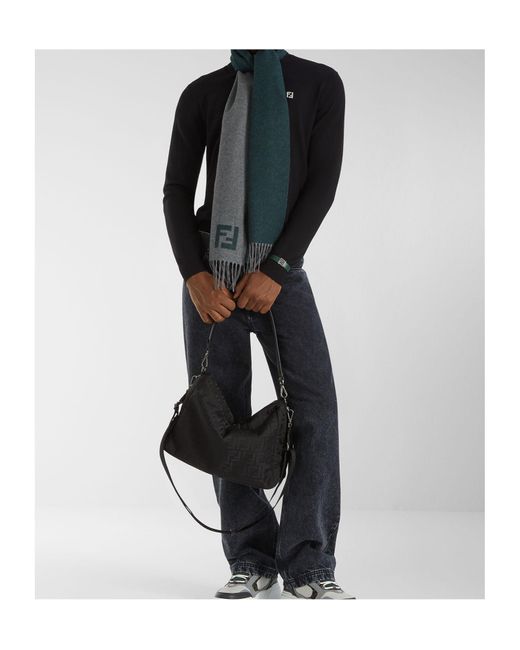 Fendi Gray Ff Motif Fringed-Edge Scarf for men