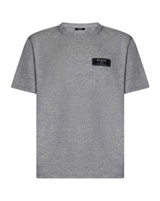 Balmain Gray Logo Patch Crewneck T-Shirt for men