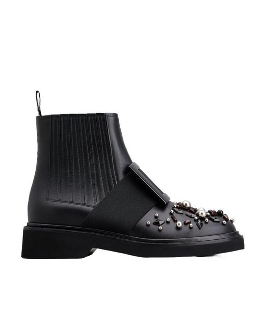Roger Vivier Black Viv' Rangers Studs Lacquered Buckle Chelsea Ankle Boots