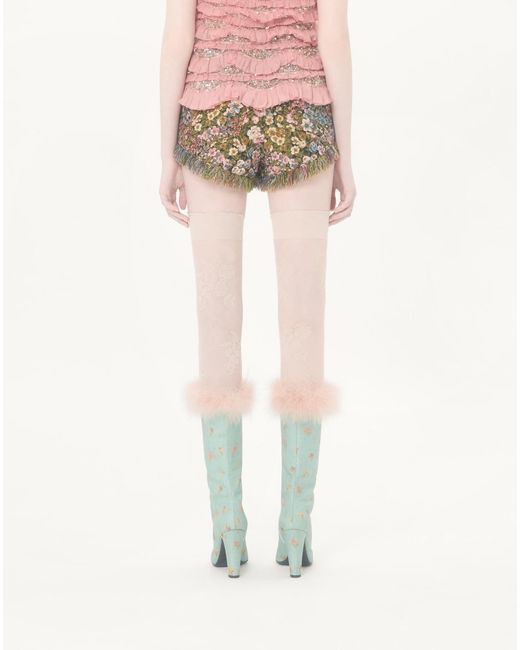 Valentino Natural Floral Patterned Fringed Hem Shorts