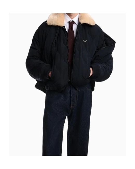 Emporio Armani Blue Cropped, Collared, Color-Block Padded Jacket With A Double-Layer Zipper for men
