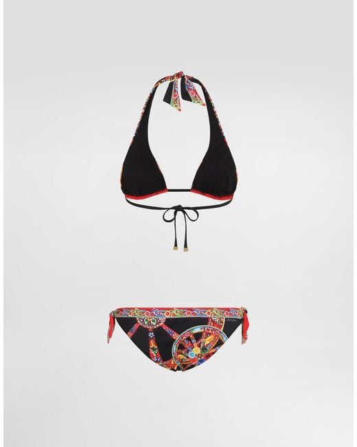 Dolce & Gabbana White Carretto-Printed Triangle Bikini Set