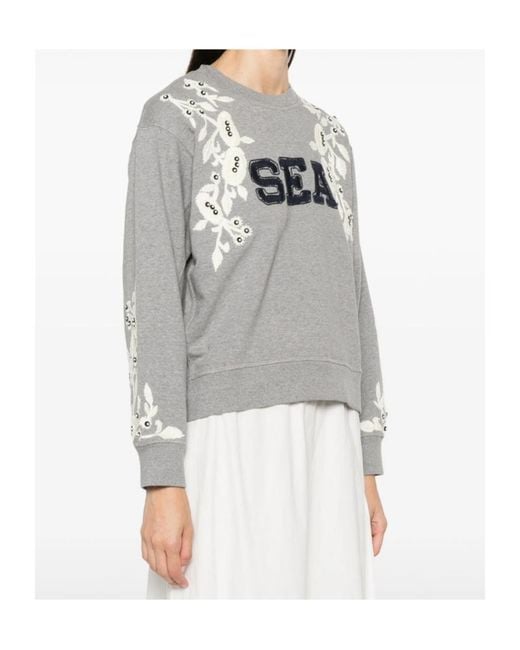 Sea Gray Floral-Embroidered Sweatshirt