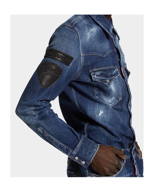 DSquared² Blue X Ducati Denim Fashion Distressed Western Shirt for men