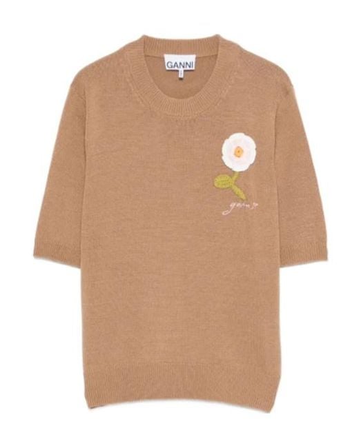 Ganni Natural Floral-Appliqué Short-Sleeve Sweater