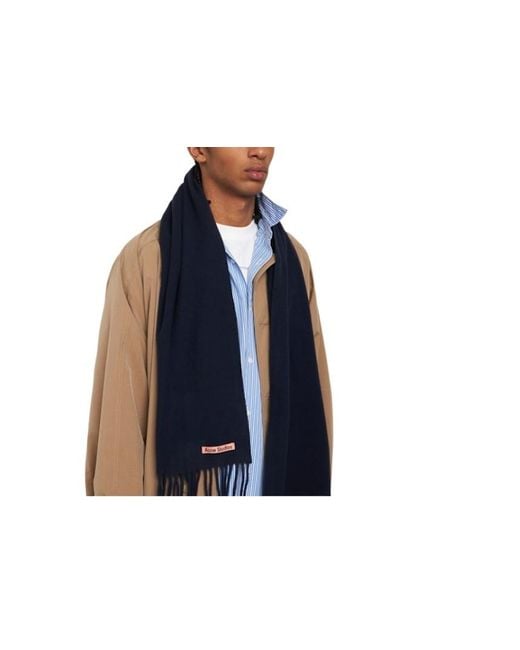 Acne Blue Rectangular Scarf With Fringe for men