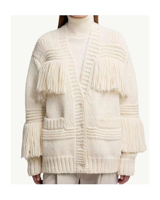 Moncler Natural Grenoble Fringe-Trim V-Neck Cardigan