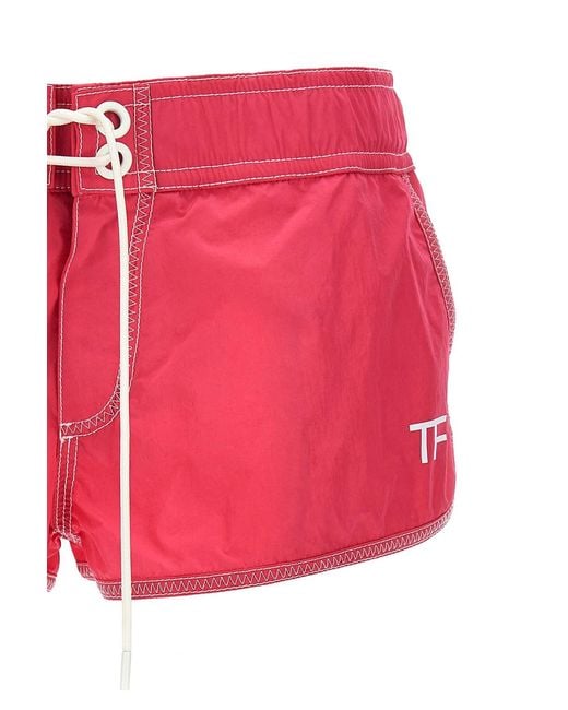 Tom Ford Red Logo Printed Drawstring Shorts