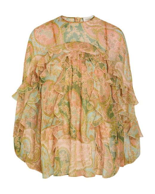 Zimmermann Metallic Paisley Ruffled Silk Blouse